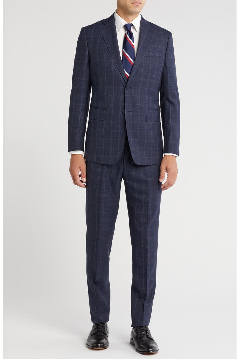 Plaid Trim Fit Notch Lapel Wool Blend Two-Piece Suit, Main, color, NAVY