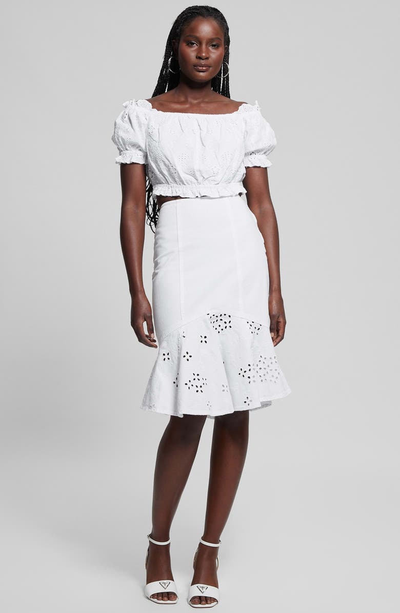 GUESS Frida Eyelet Embroidered Off the Shoulder Crop Top, Alternate, color, 