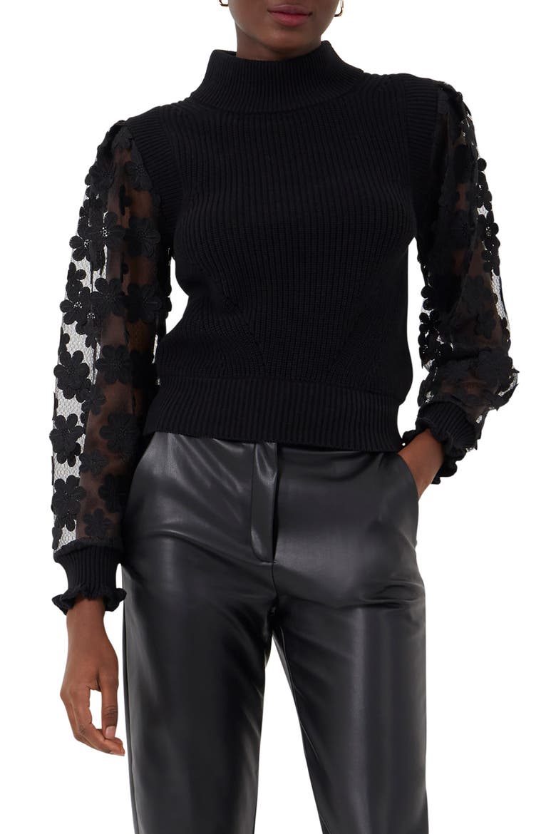Juri Mozart Rib Sheer Sleeve Turtleneck, Main, color, BLACK