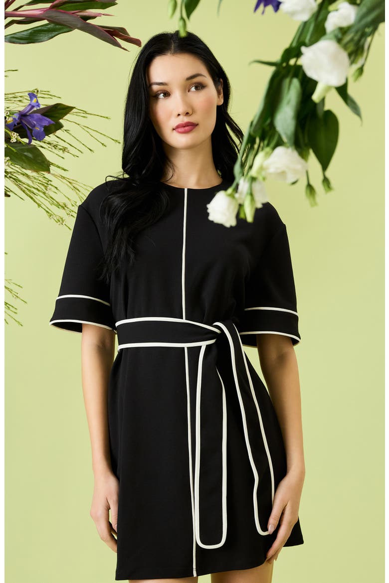 Contrast Piping Short Sleeve Minidress, Alternate, color, BLACK