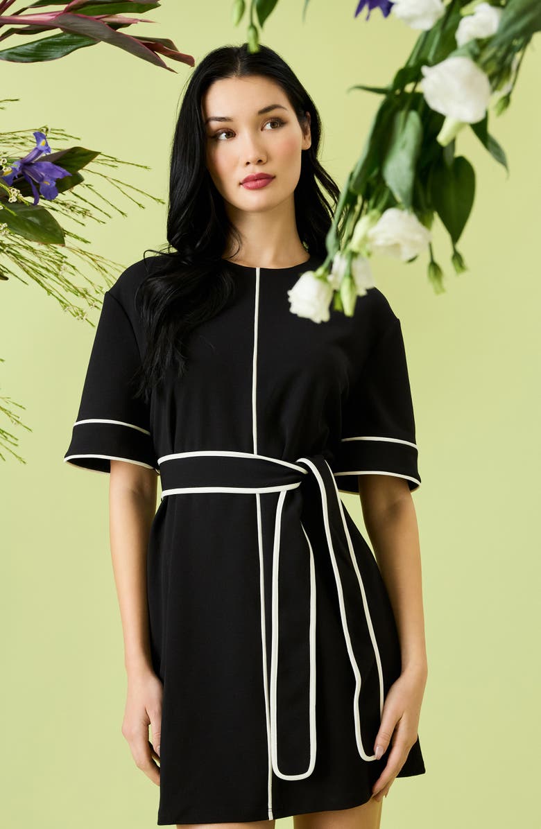 Donna Morgan Contrast Piping Short Sleeve Minidress, Alternate, color, Black