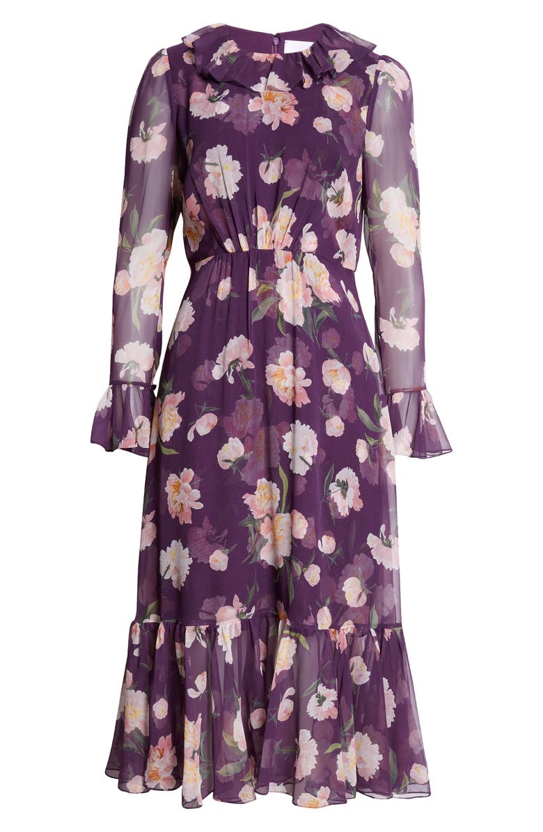 Carolina Herrera Floral Print Ruffle Neck Long Sleeve Silk Chiffon Midi Dress, Main, color, 