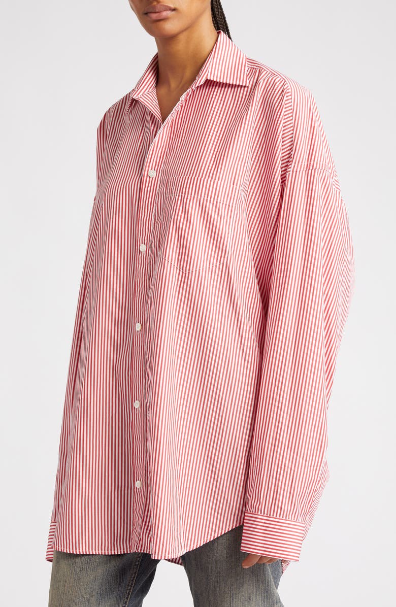 Balenciaga Oversize Logo Stripe Cotton Button-Up Cocoon Shirt, Alternate, color, 