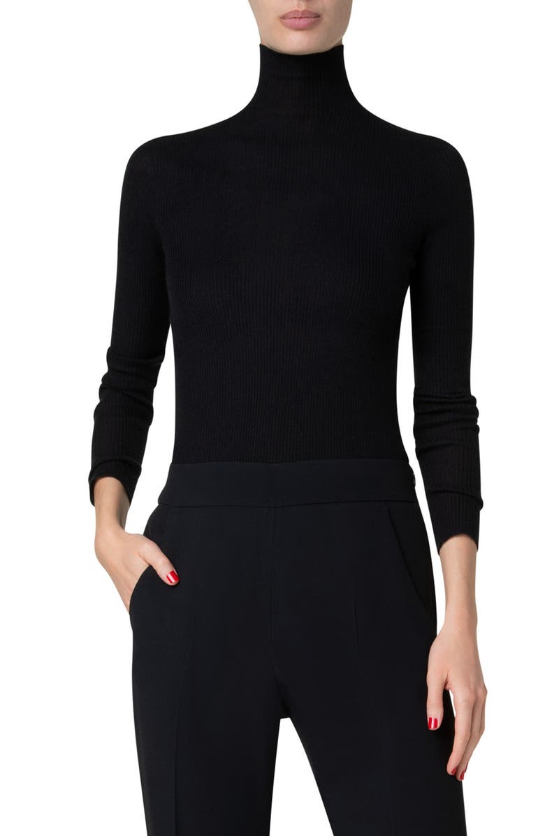 Akris Cashmere & Silk Rib Funnel Neck Sweater, Main, color, Black
