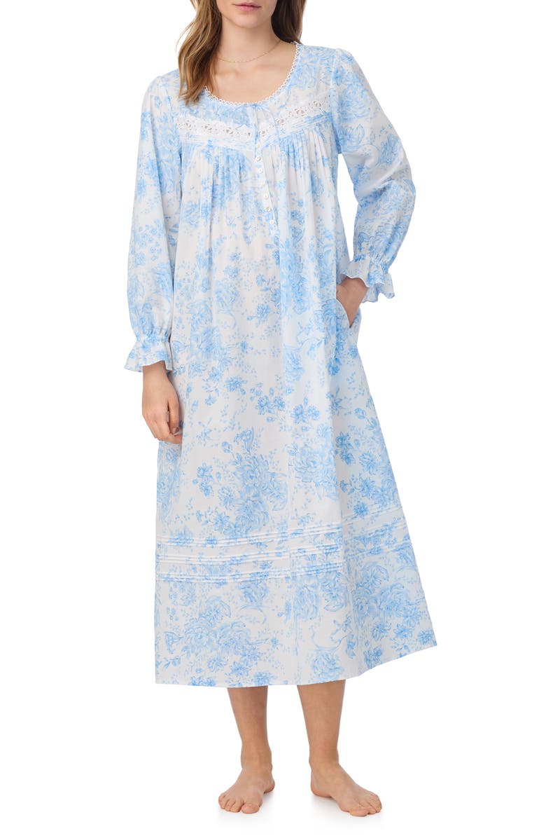 Eileen West Long Sleeve Cotton Lawn Ballet Nightgown, Main, color, White/ Blue Flower
