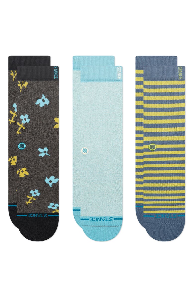 Stance Whimsy Petal 3-Pack Crew Socks, Main, color, Black/ Blue/ Yellow Assorted