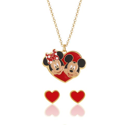 Mickey & Minnie Heart Necklace and Stud Earrings Set