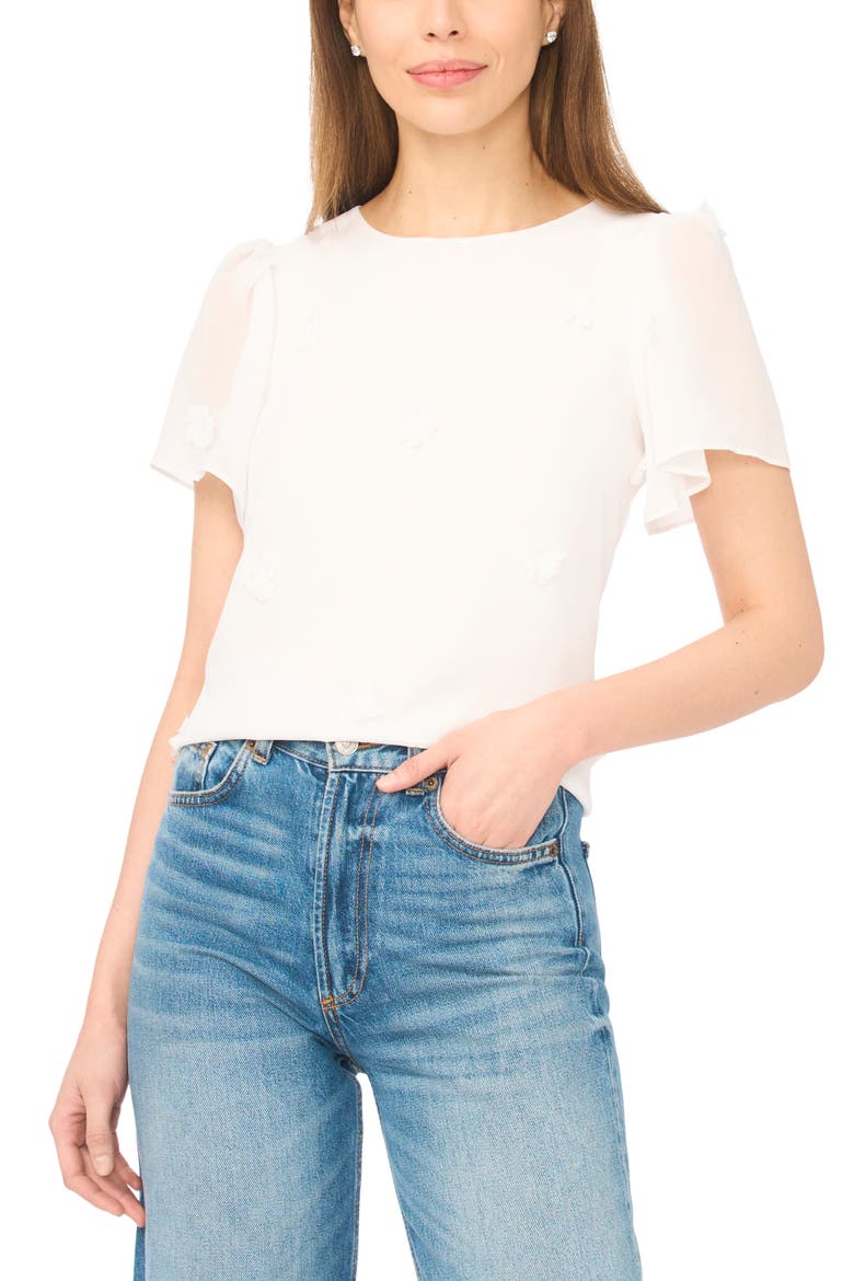 Floral Appliqué Flutter Sleeve V-Neck Chiffon Top, Main, color, NEW IVORY