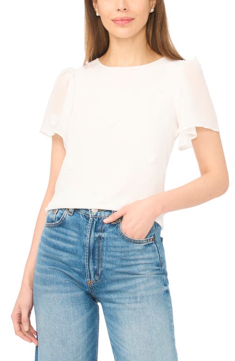 Floral Appliqué Flutter Sleeve V-Neck Chiffon Top