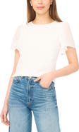 CeCe Floral Appliqué Flutter Sleeve V-Neck Chiffon Top
