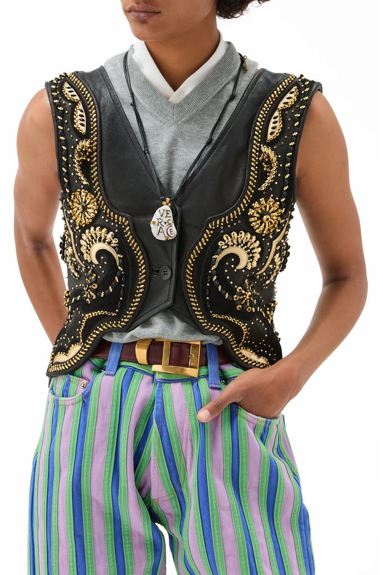 Crop Beaded Leather Vest, Main, color, BLACK