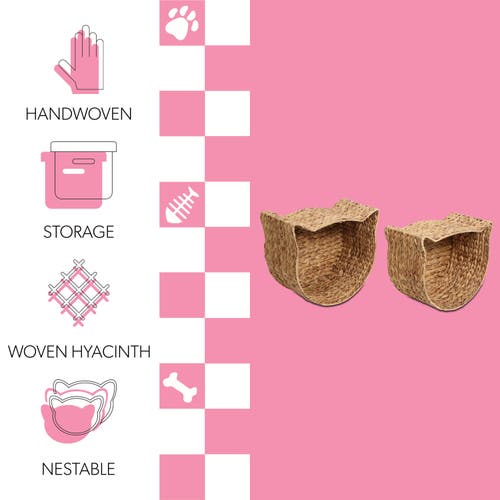 The Licker Store Felix Cat-shaped Hand Woven Water Hyacinth Nesting Pet Toy Organizer Baskets In Brown