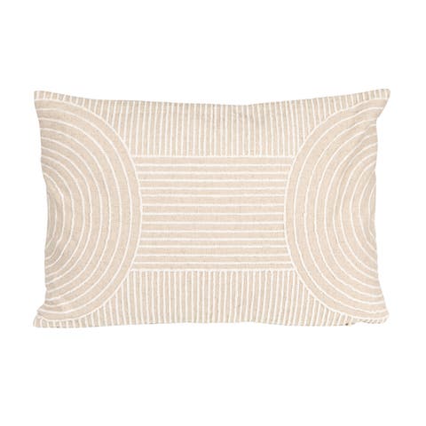 Cotton Blend Embroidered Lumbar Pillow with Geometric Stripes, Natural