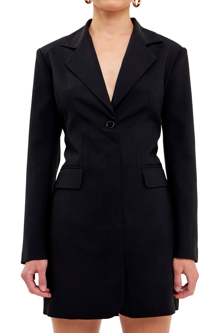 Strappy Back Long Sleeve Blazer Dress, Alternate, color, BLACK