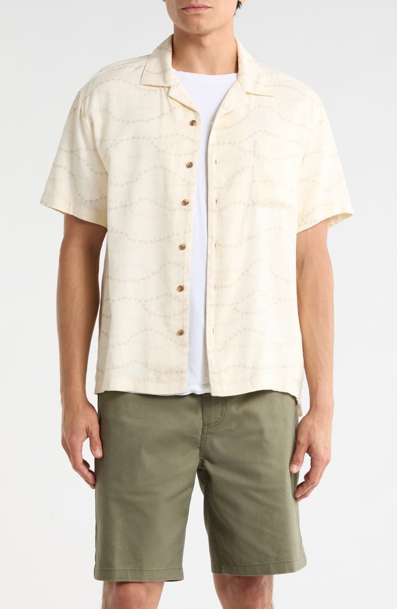 Brixton Bunker Slub Print Camp Shirt, Main, color, Whitecap/ Black Swallows