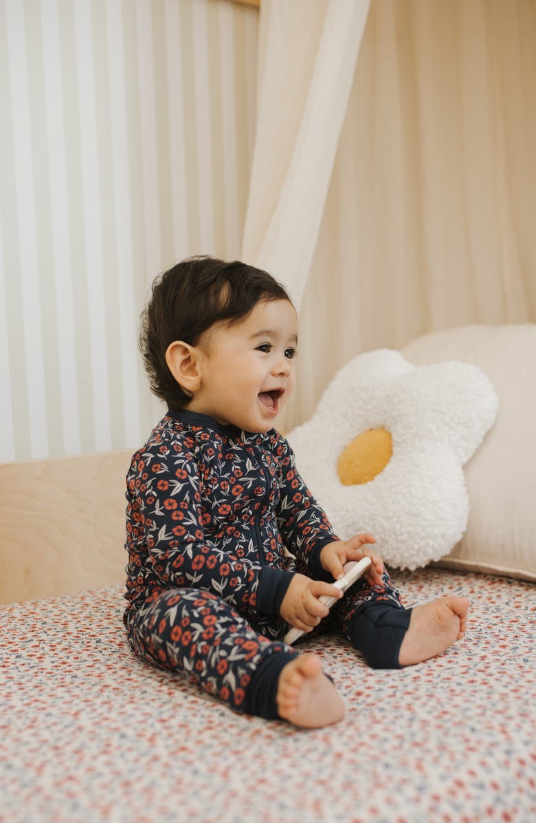 FIRSTS by Petit Lem Poppy Floral Print Fitted Footie Pajamas, Alternate, color, Navy