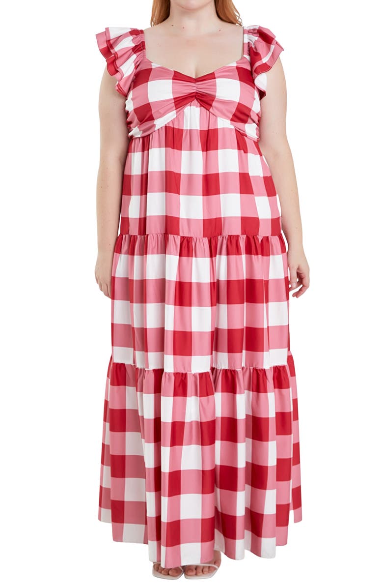 English Factory Gingham Tiered Maxi Dress, Alternate, color, Red/ White