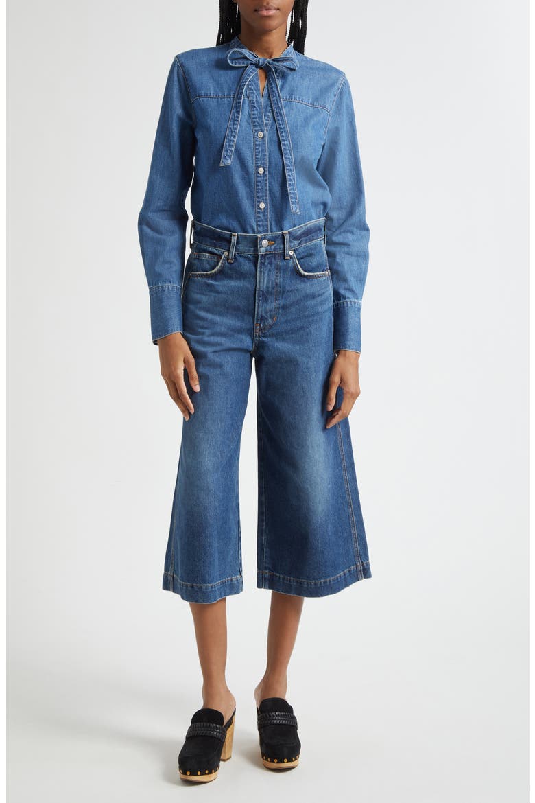 Gabby Tie Neck Button-Up Denim Shirt, Alternate, color, SERENDIPITY