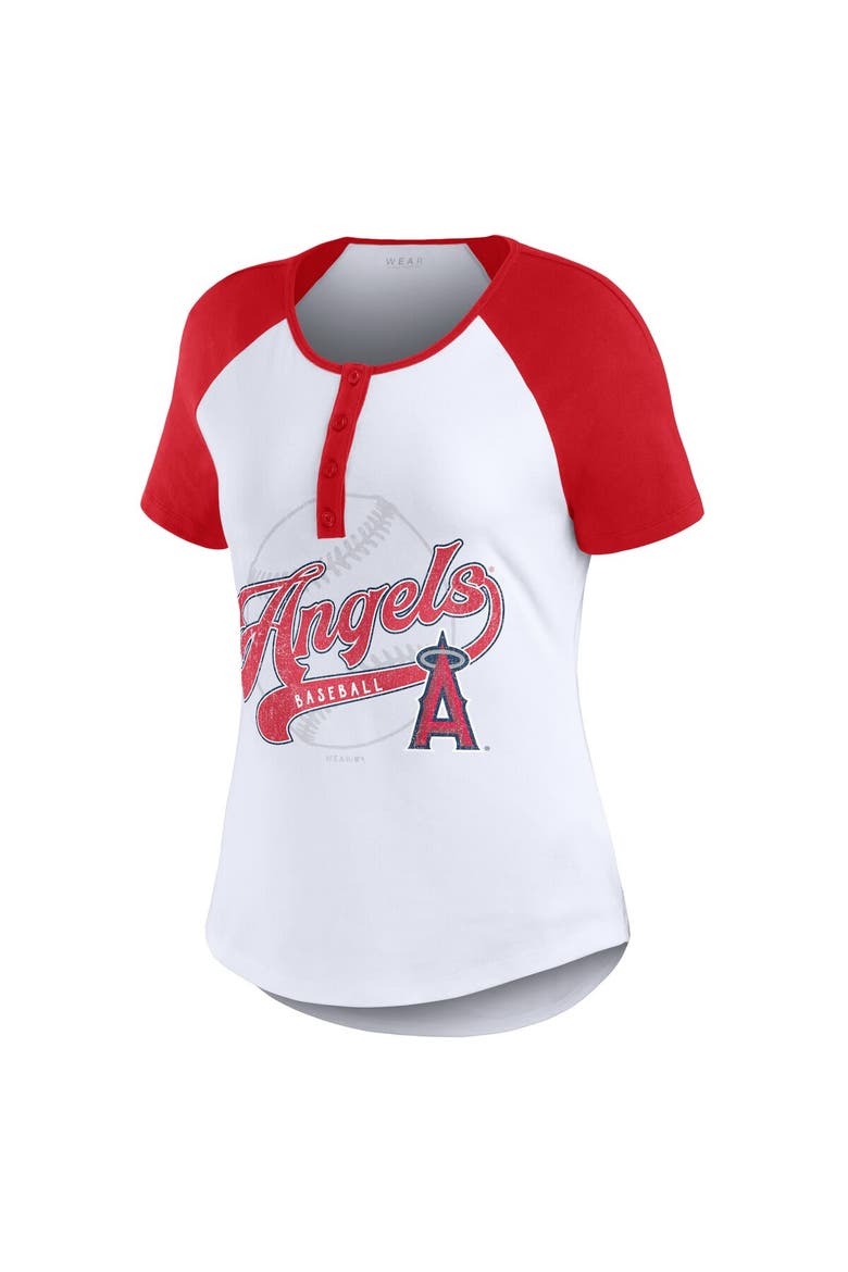 Women's WEAR by Erin Andrews White/Red Los Angeles Angels Henley Raglan T-Shirt, Alternate, color, White