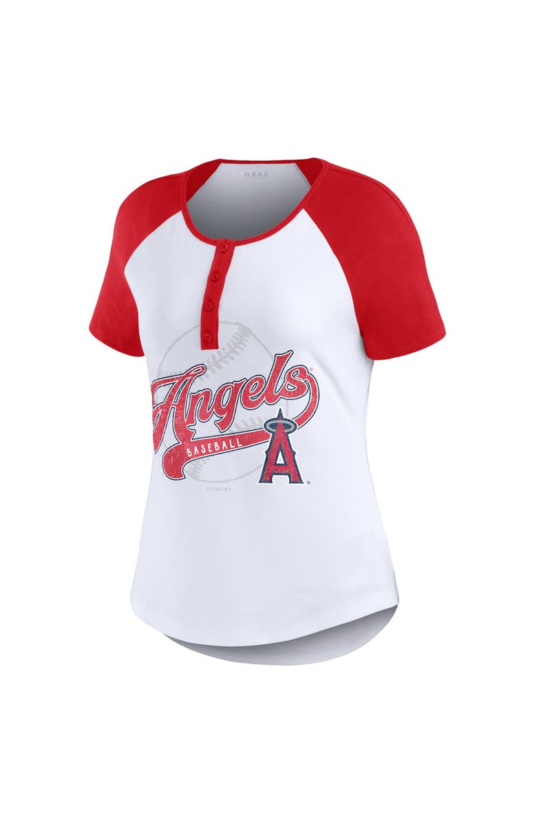 WEAR by Erin Andrews Women's WEAR by Erin Andrews White/Red Los Angeles Angels Henley Raglan T-Shirt, Alternate, color, 
