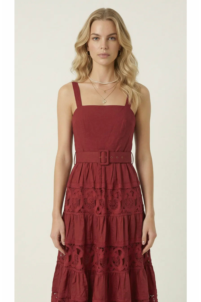 Belted Tiered Lace Midi Dress, Alternate, color, Burgundy