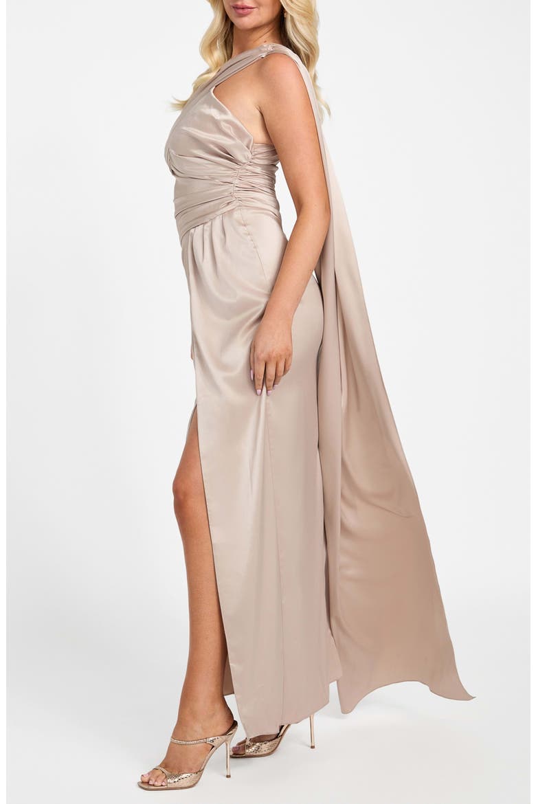 Aretha Draped One-Shoulder Satin Gown, Alternate, color, VELVET TAUPE