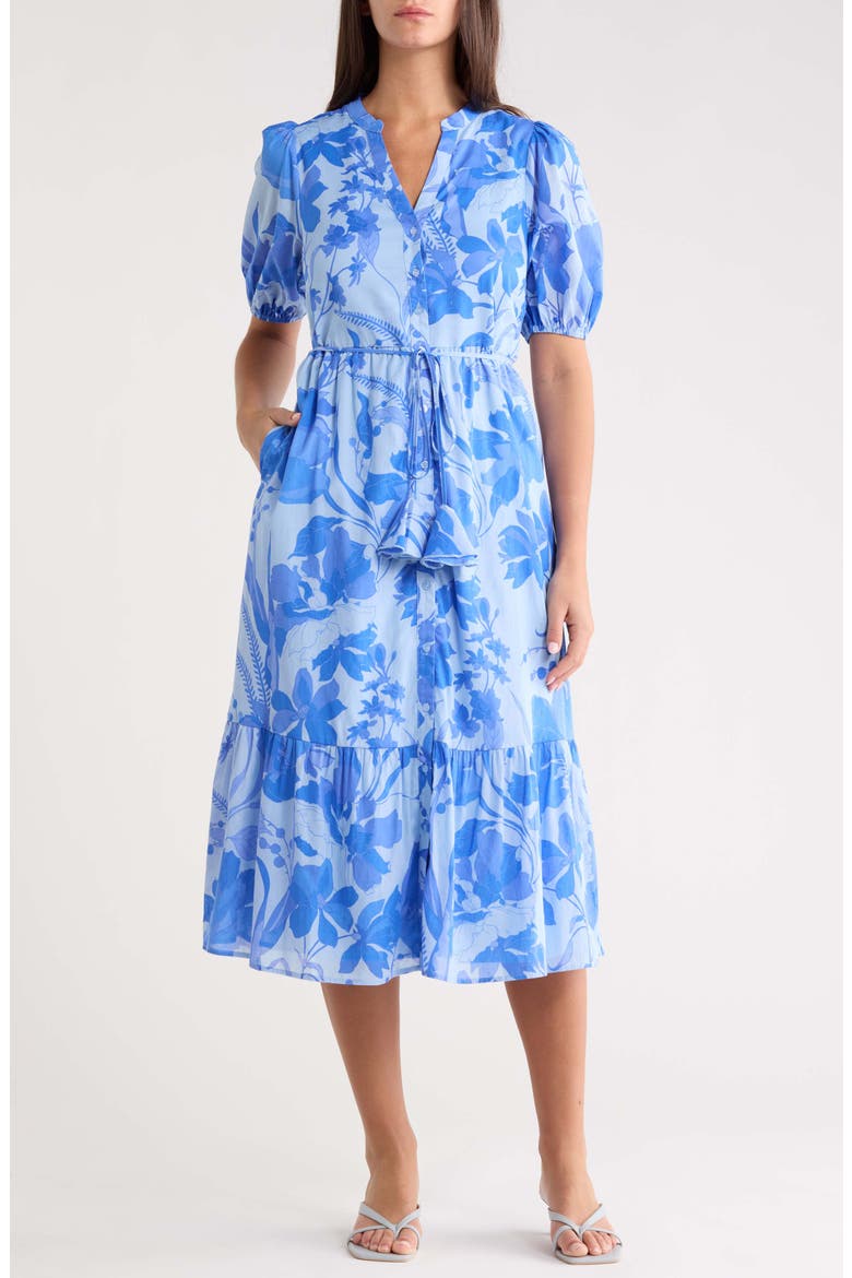 Veran Floral Button-Up Tiered Cotton Shirtdress, Main, color, LIGHT BLUE MULTI