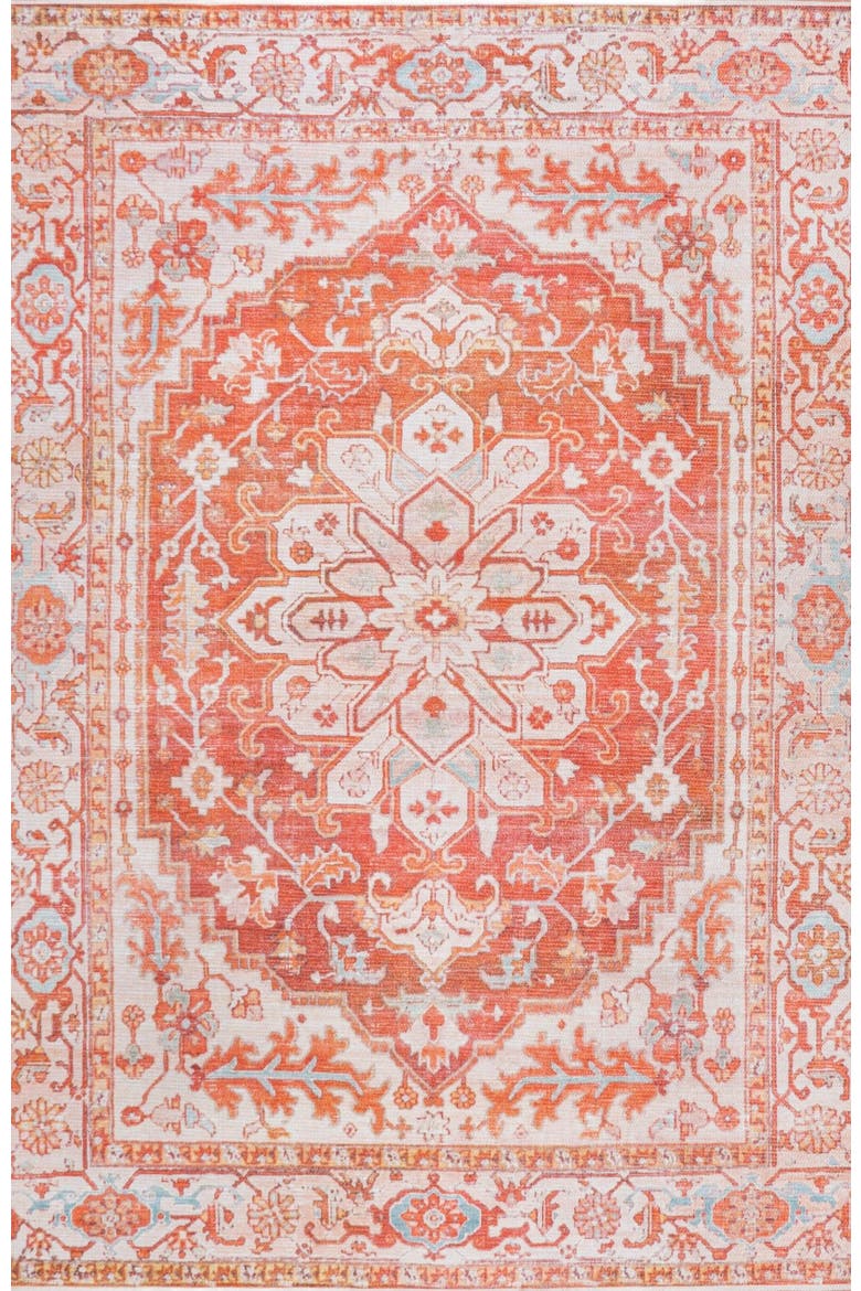Asa Ornate Medallion Machine-Washable Area Rug, Main, color, Orange/Cream