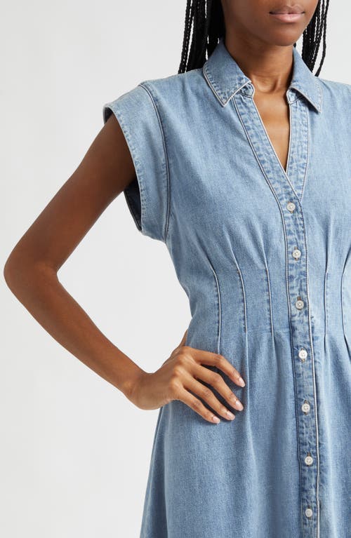 Shop Veronica Beard Ruben Pintuck Waist Sleeveless Denim Dress In Pebble Stone