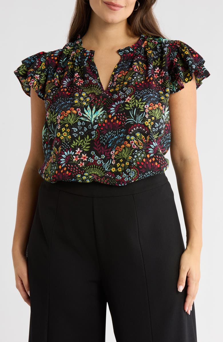 SUGARLIPS Yorbie Bellissima Floral Flutter Sleeve Top, Main, color, Black-Multi