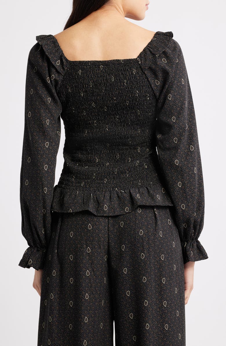 Bobeau Ruffle Trim Crop Button-Up Shirt, Alternate, color, Navy/ Curry Ditsy