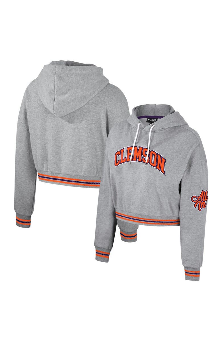 THE WILD COLLECTIVE Women's The Wild Collective Heather Gray Clemson Tigers Cropped Shimmer Pullover Hoodie, Main, color, Heather Gray