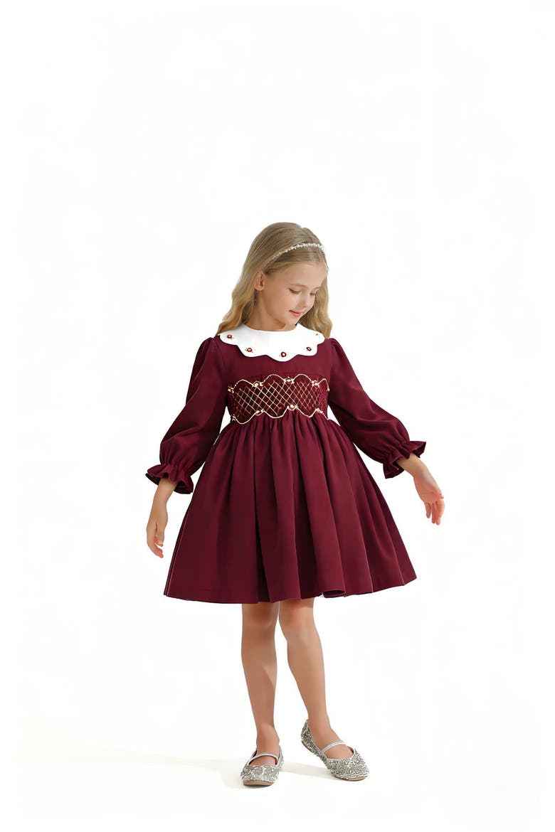 Smocked Holiday Dress, Alternate, color, Burgundy