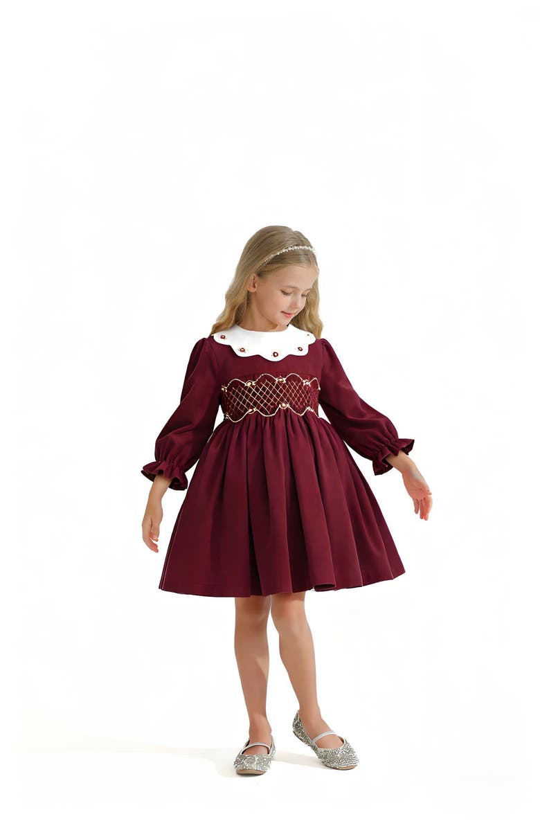 Tulleen Smocked Holiday Dress, Alternate, color, Burgundy