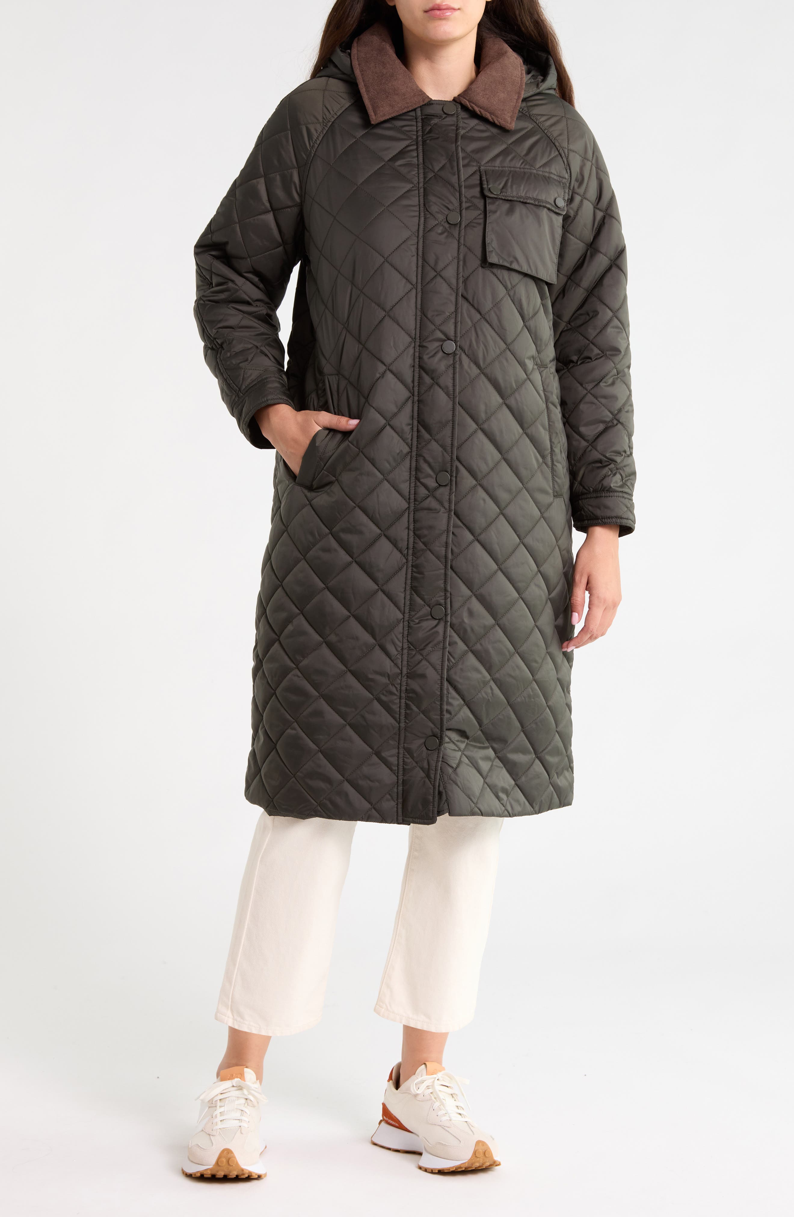 Hooded Long Quilted Coat with Corduroy Collar