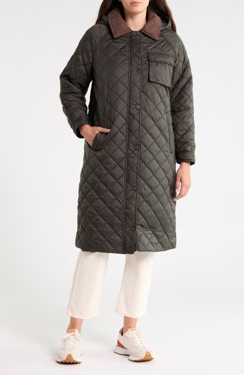 Hooded Long Quilted Coat with Corduroy Collar
