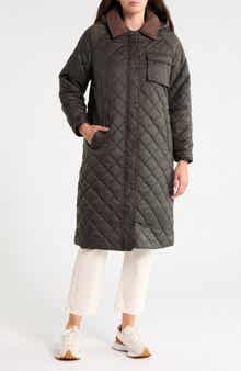Hooded Long Quilted Coat with Corduroy Collar