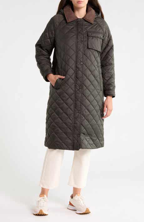 Hooded Long Quilted Coat with Corduroy Collar