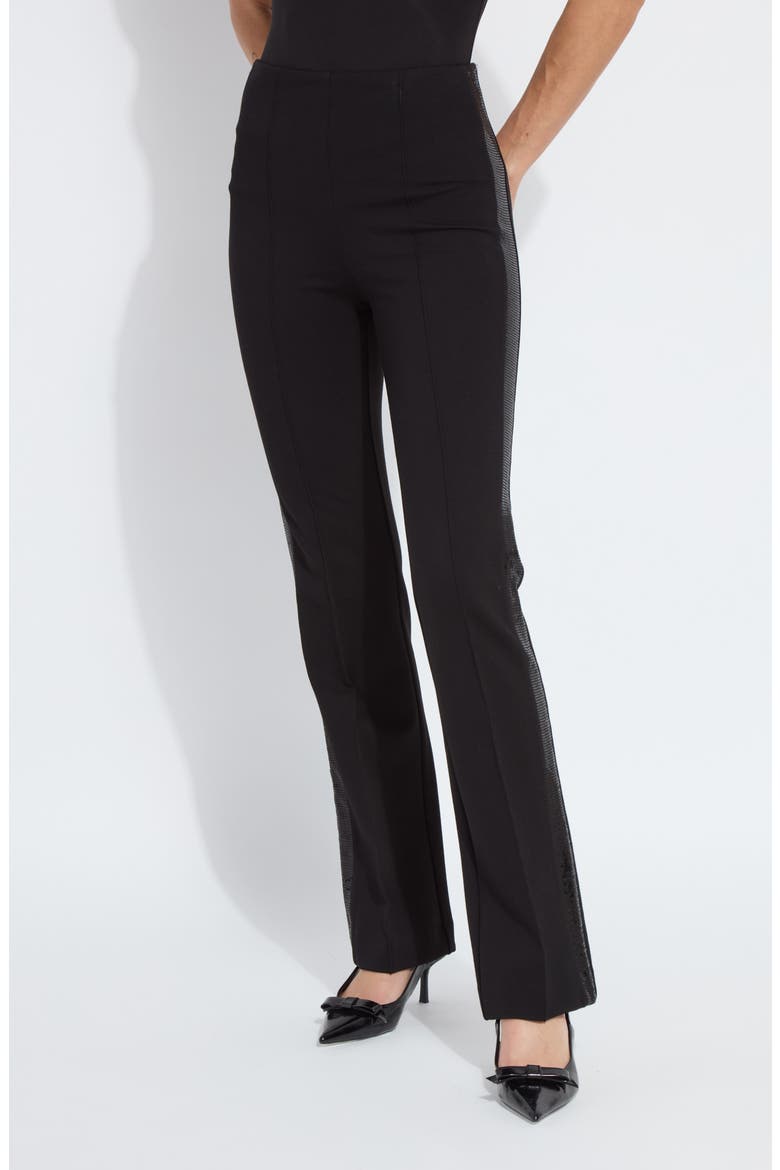 Elysse Sequin Side Stripe Stretch Ponte Tuxedo Pants, Main, color, BLACK