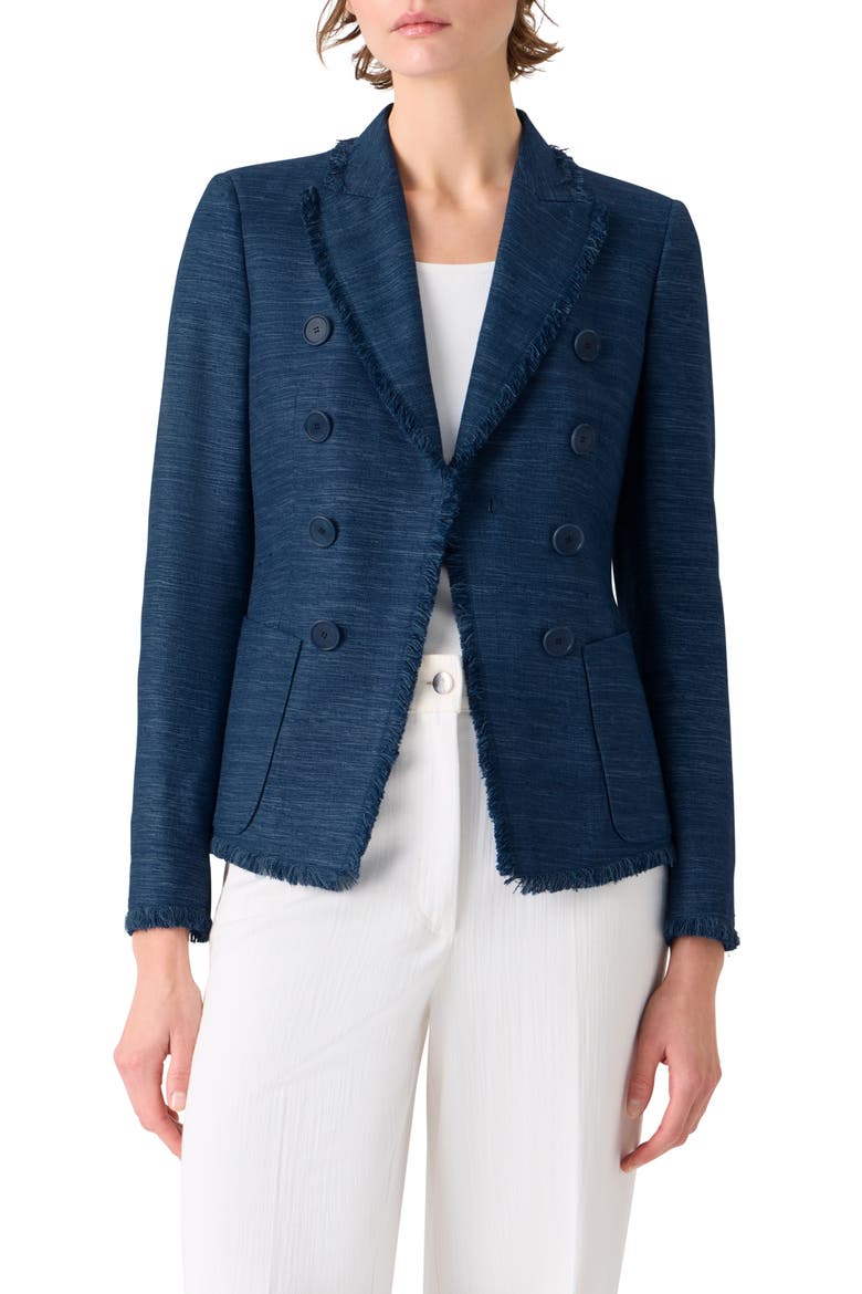Fringe Silk & Cotton Shantung Jacket, Main, color, DARK BLUE