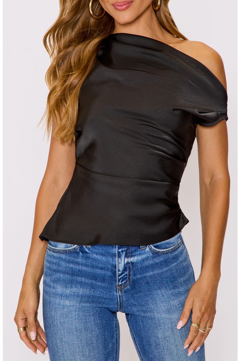 Date Night One-Shoulder Ruched Satin Top, Main, color, BLACK