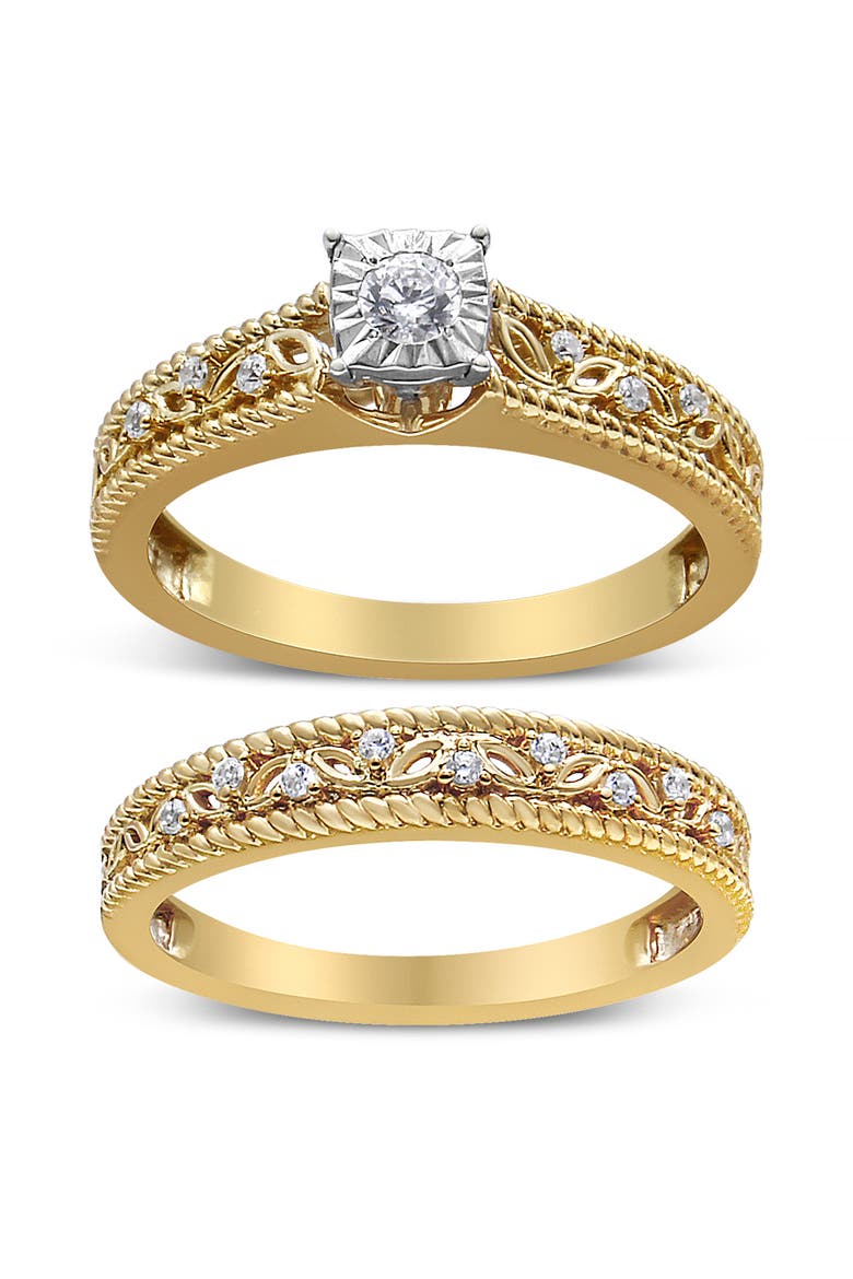14K Yellow Gold Plated Silver 1/5 Cttw Diamond Art Deco Engagement Ring Bridal Set, Main, color, Yellow