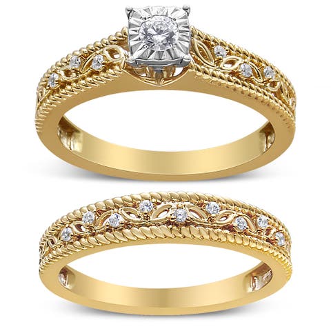 14K Yellow Gold Plated Silver 1/5 Cttw Diamond Art Deco Engagement Ring Bridal Set