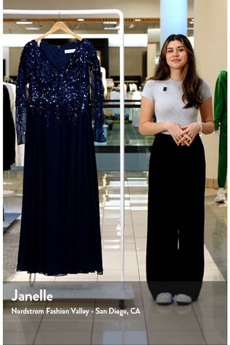Embroidered Illusion Long Sleeve V Neck Gown video