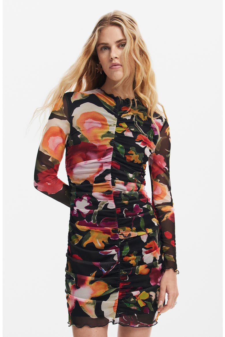 Floral Ruched Long Sleeve Minidress, Alternate, color, BLACK