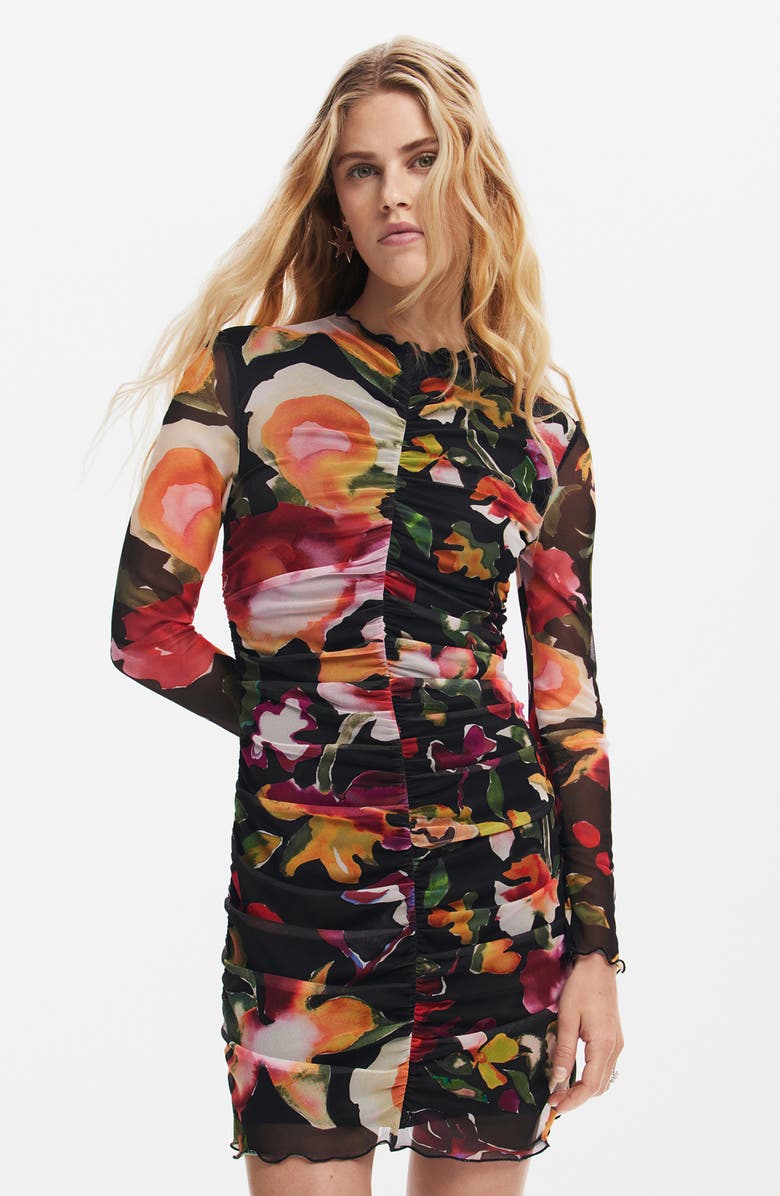 Desigual Floral Ruched Long Sleeve Minidress, Alternate, color, 
