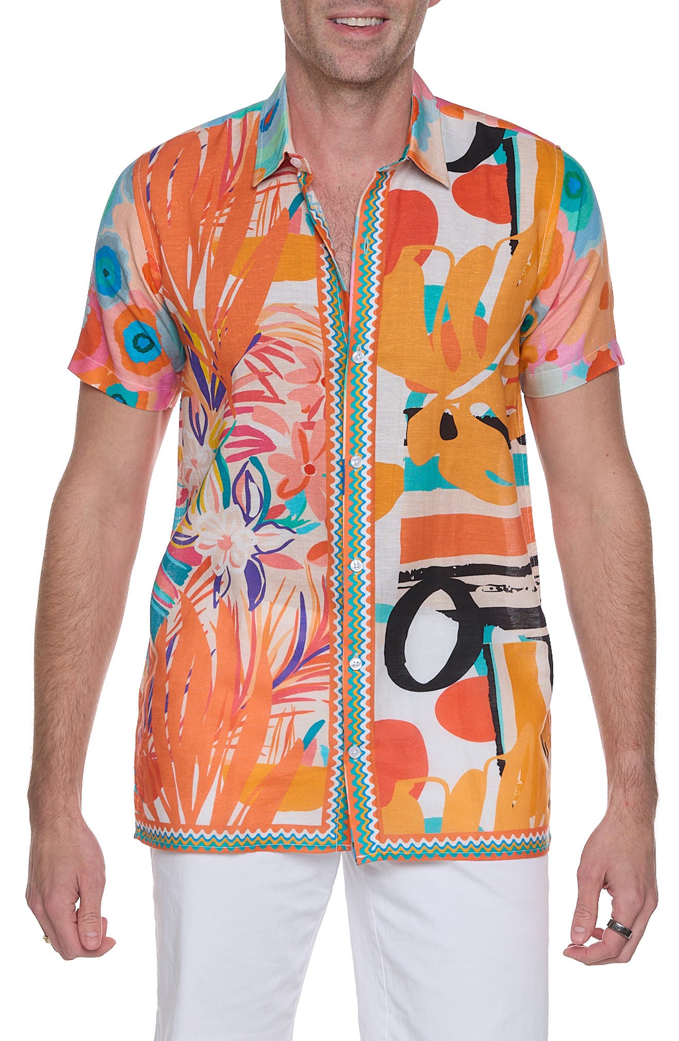 RANEES Extra Trim Fit Print Linen & Cotton Camp Shirt