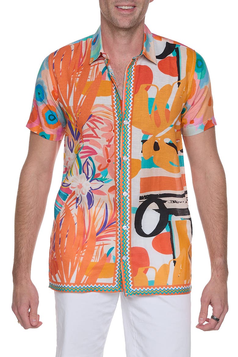 Extra Trim Fit Print Linen & Cotton Camp Shirt, Main, color, ORANGE