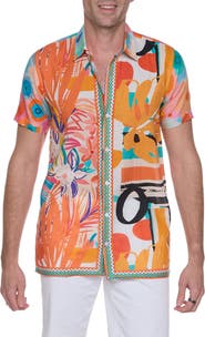RANEES Extra Trim Fit Print Linen & Cotton Camp Shirt