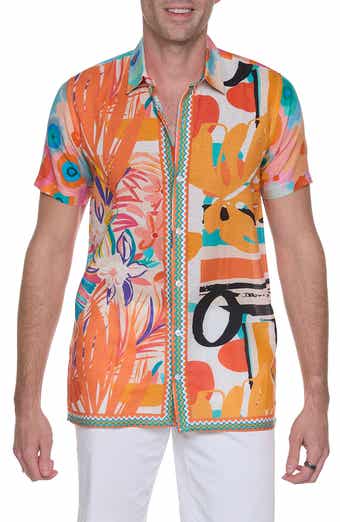 RANEES Extra Trim Fit Print Linen & Cotton Camp Shirt